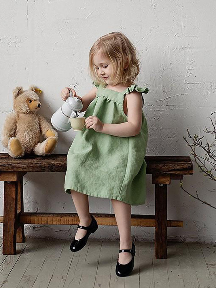 Linen Mori Summer Flounced Sleeve Suspender Skirt Loose Children's Dress
