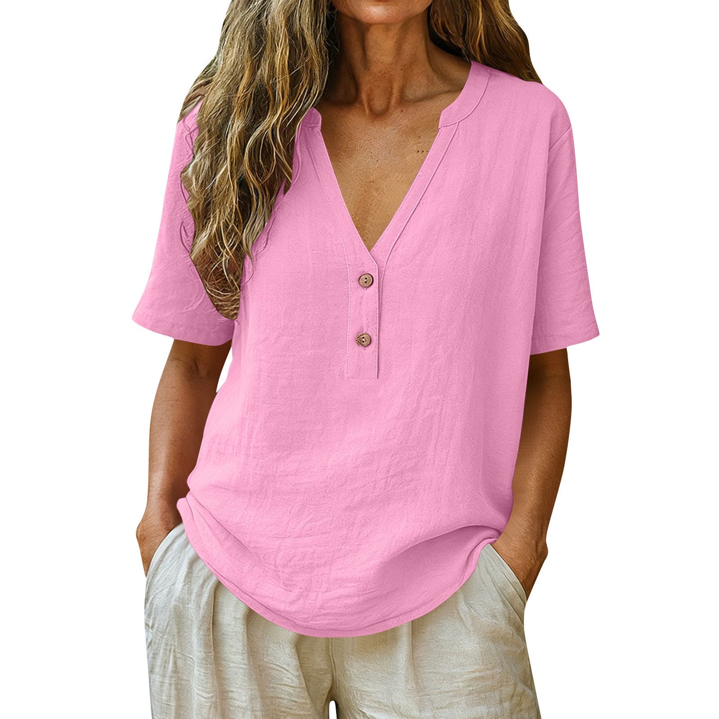 Women's Solid Color Button Fashion Sleeve Women's T-shirt