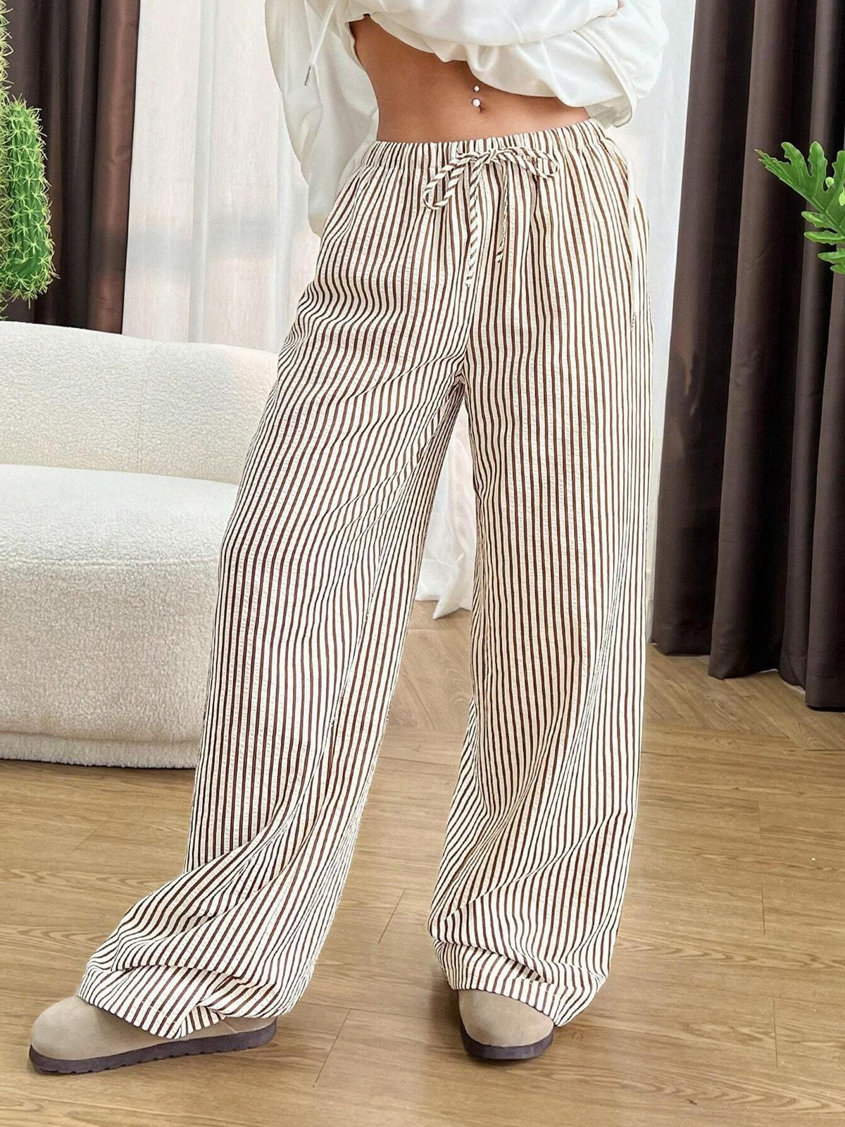 Women's Contrast Color Striped Loose High Waist Pants