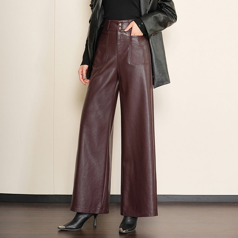 Women's Waist Wide Leg Sheep Leather Loose Trousers Pants