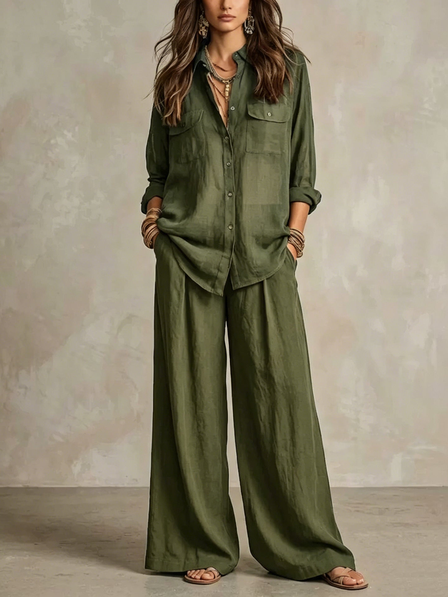 Women's Linen Breathable Lightweight Long-sleeved Shirt Vacation Pants