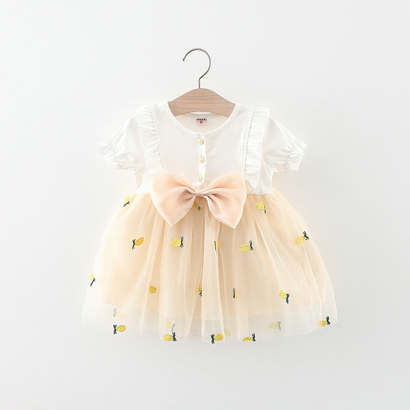 Pineapple Mesh Stitching Korean Style Bow Short Sleeve Lace Children's Dress