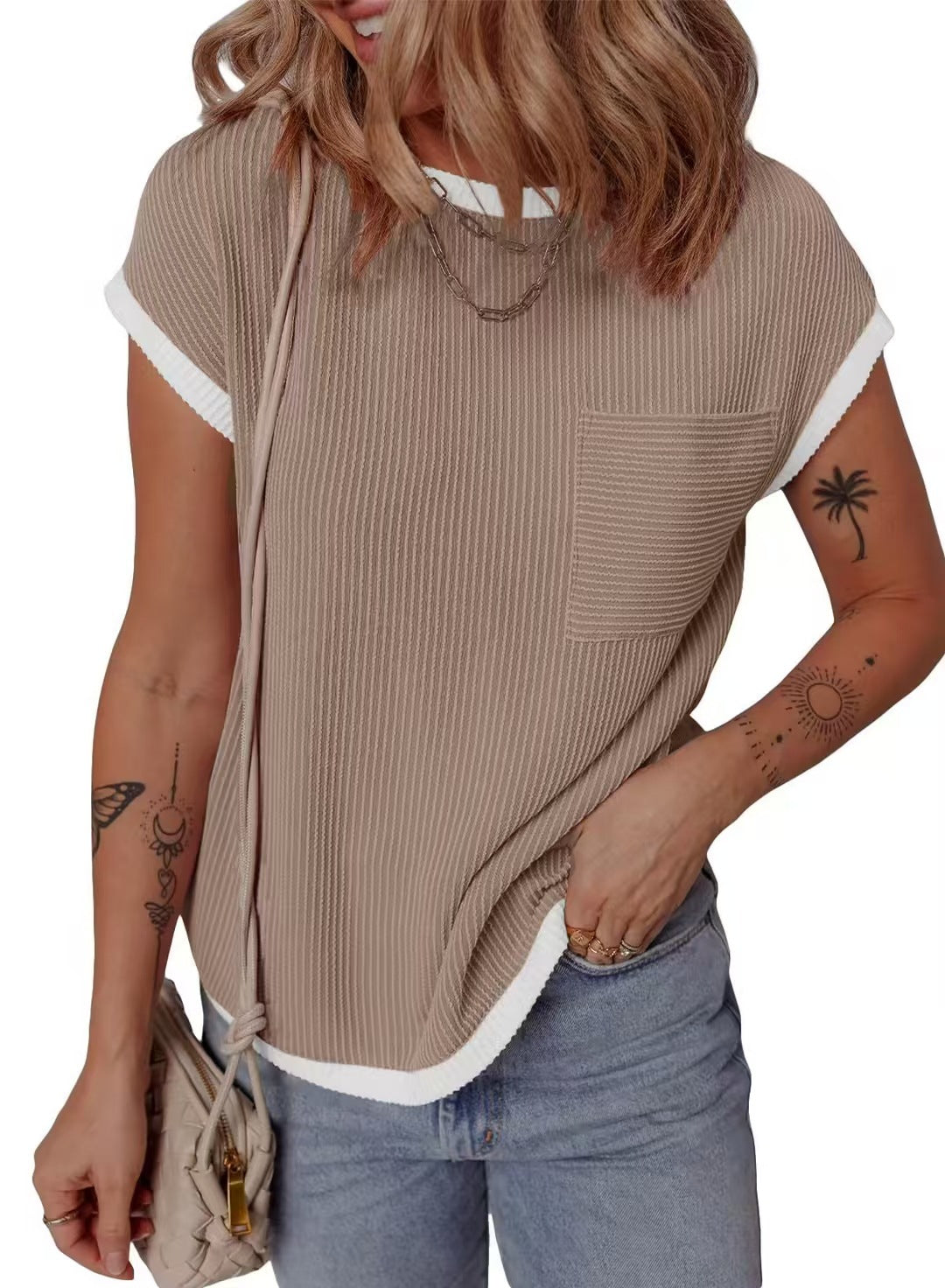 Women's Round Neck Knitted In Contrast Color Casual Twist Women's T-shirt