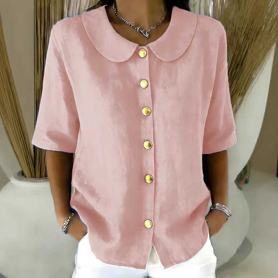 Women's Summer Elegant Fashion Button Linen Short-sleeved Blouse
