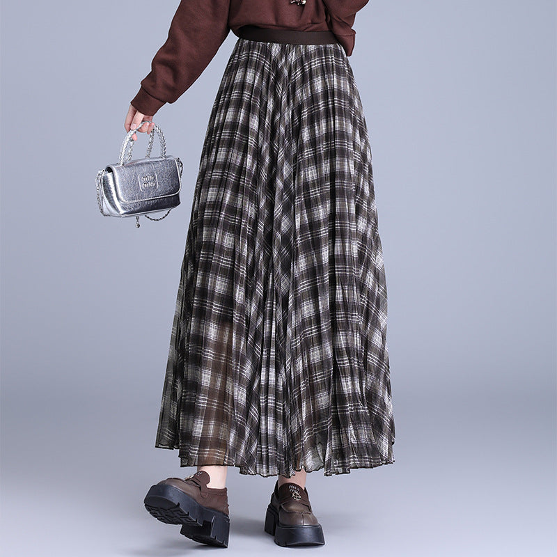 Korean Style Pleated Rhombus Encryption Yarn Elastic Waist High Skirts