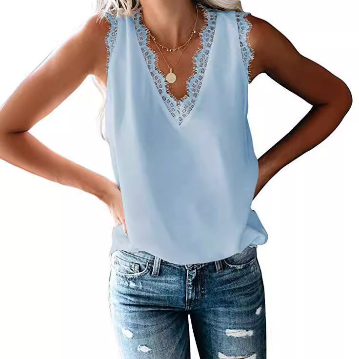 Beautiful Women's Summer Solid Color Sleeveless Lace Shirt, Chiffon Shirt