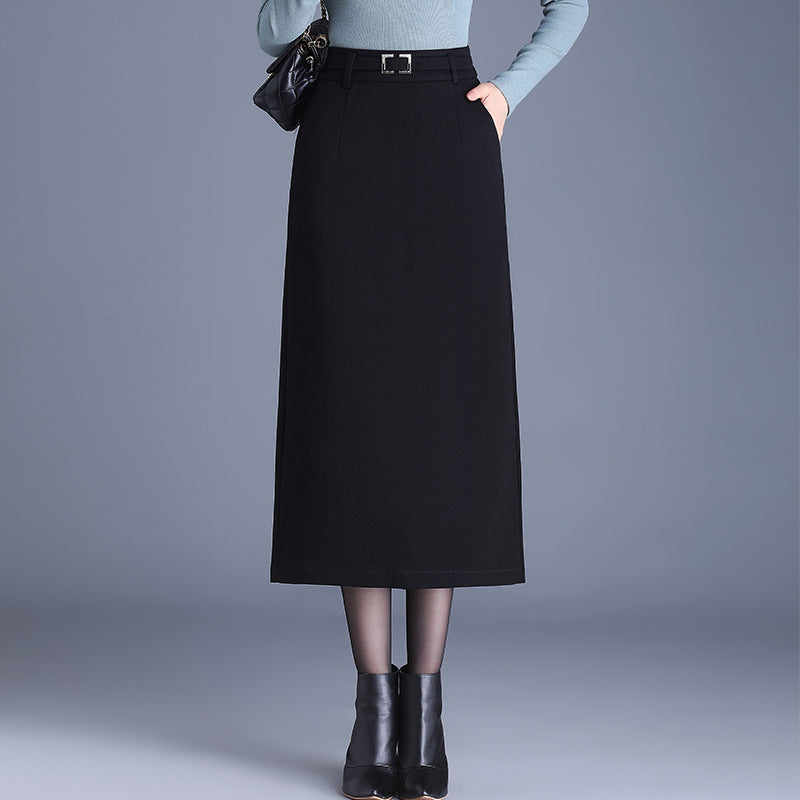 Women's Elegant Woolen Straight High Waist Commuting Figure Flattering Sheath Mid-length Skirt