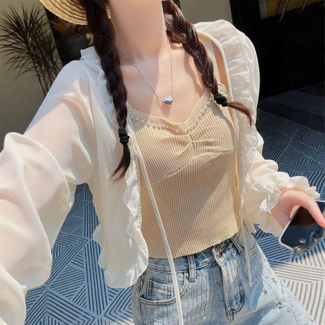 Women's Thin Summer Loose Long Sleeve With Suspender Distribution Strictly Lace Shirt, Chiffon Shirt