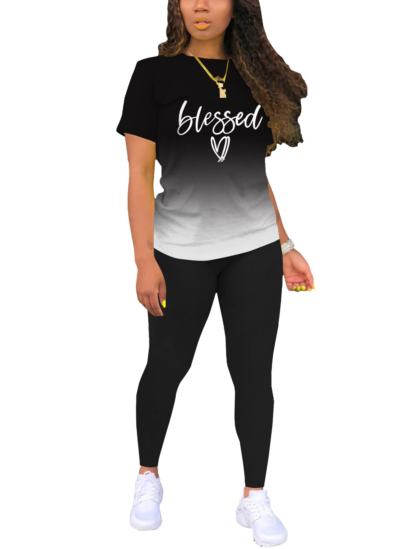 Women's Solid Color Gradient Printing Round Neck Sleeve T-shirt Fashion Casual Suit