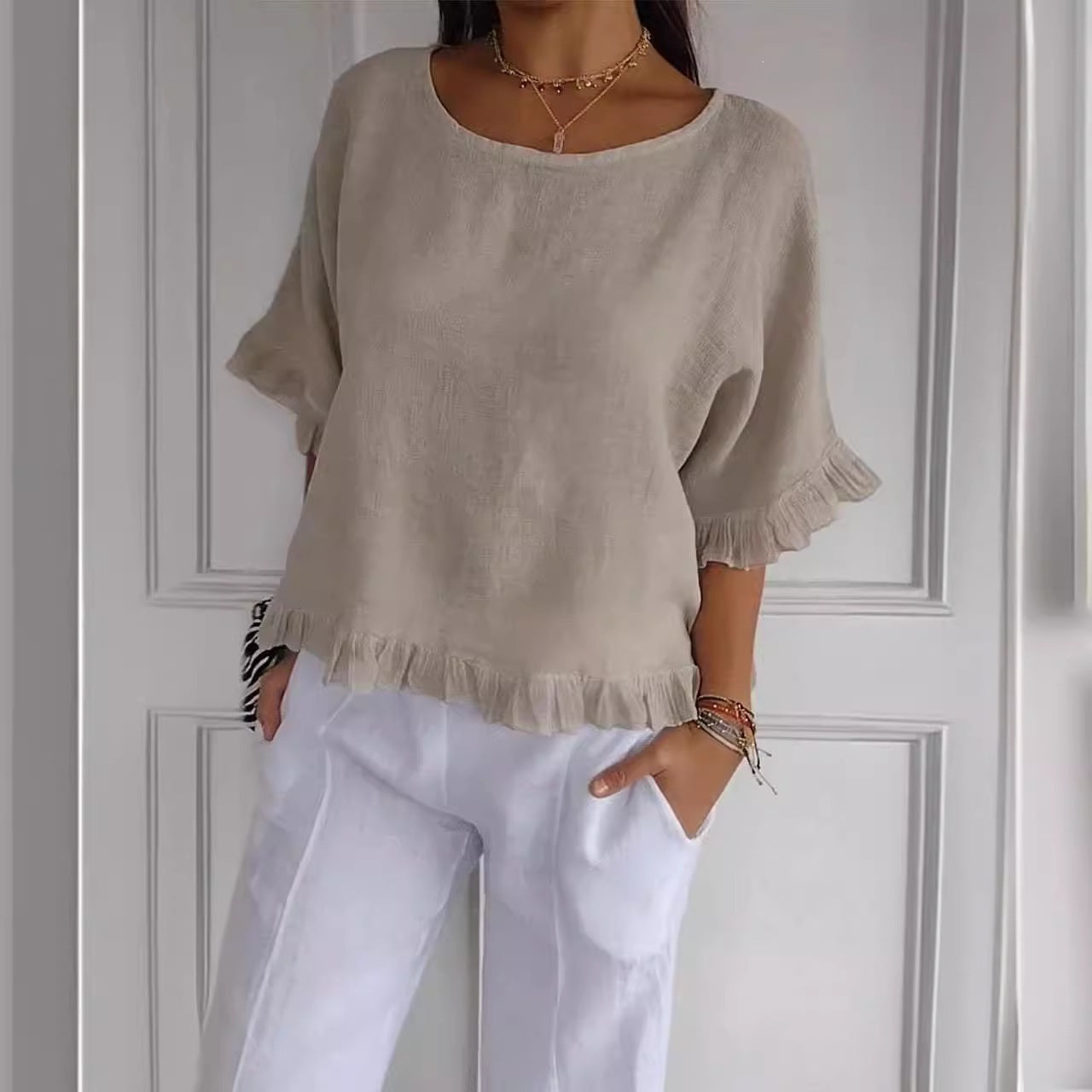 Women's Sleeve Stringy Seedge Round Neck Cotton Linen Solid Color Loose Shorts