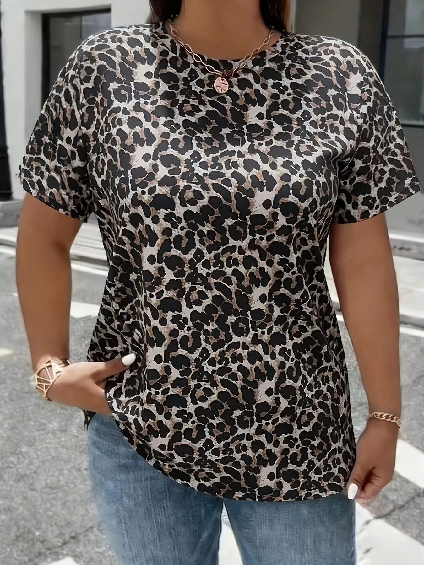 Women's Printed Split Sleeve Round Neck Pullover Large Size T-shirt