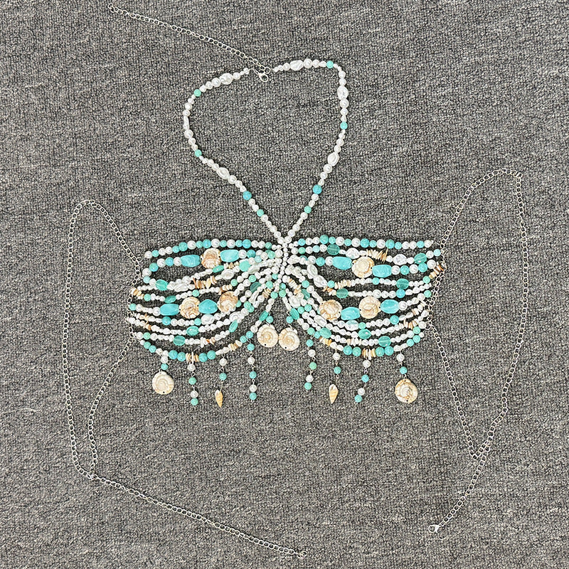 Fashion Beaded Halter Cut-out Gem Pearl Shell Backless Underwaist Sexy Tops