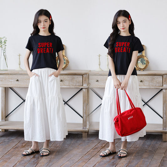 Children's Two-piece Set Small-sized Words Korean Style White Half-length Cake Dress Children's Suit