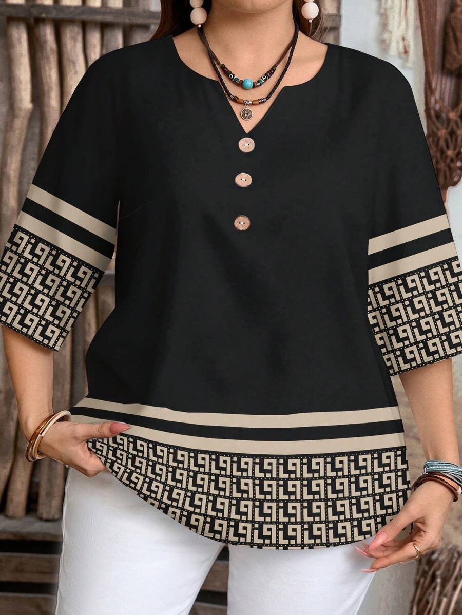 Women's Casual Printed Fastener Decoration Loose Sleeves Large Size T-shirt