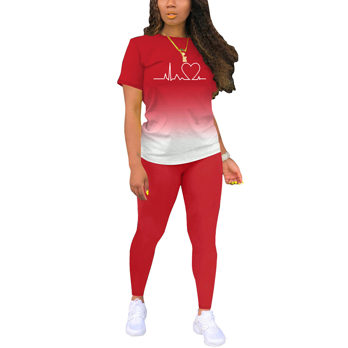 Women's Solid Color Gradient Printing Round Neck Sleeve T-shirt Fashion Casual Suit
