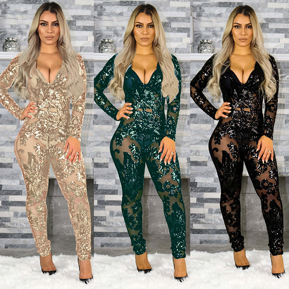 Slim Fit Sequin Deep V One-piece Nightclub Uniform