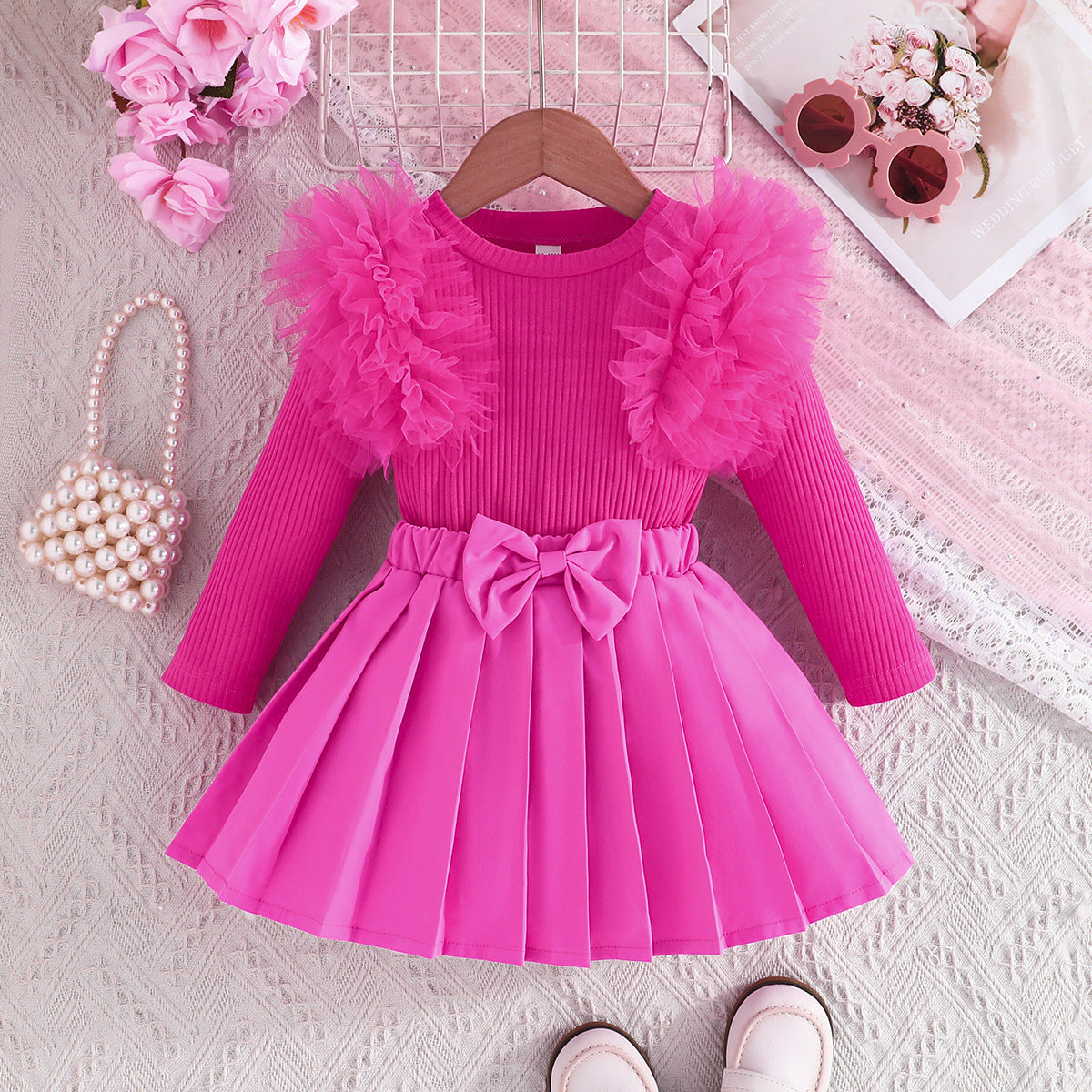Sweet Multicolor Mesh Sleeves Top Bow Children's Suit