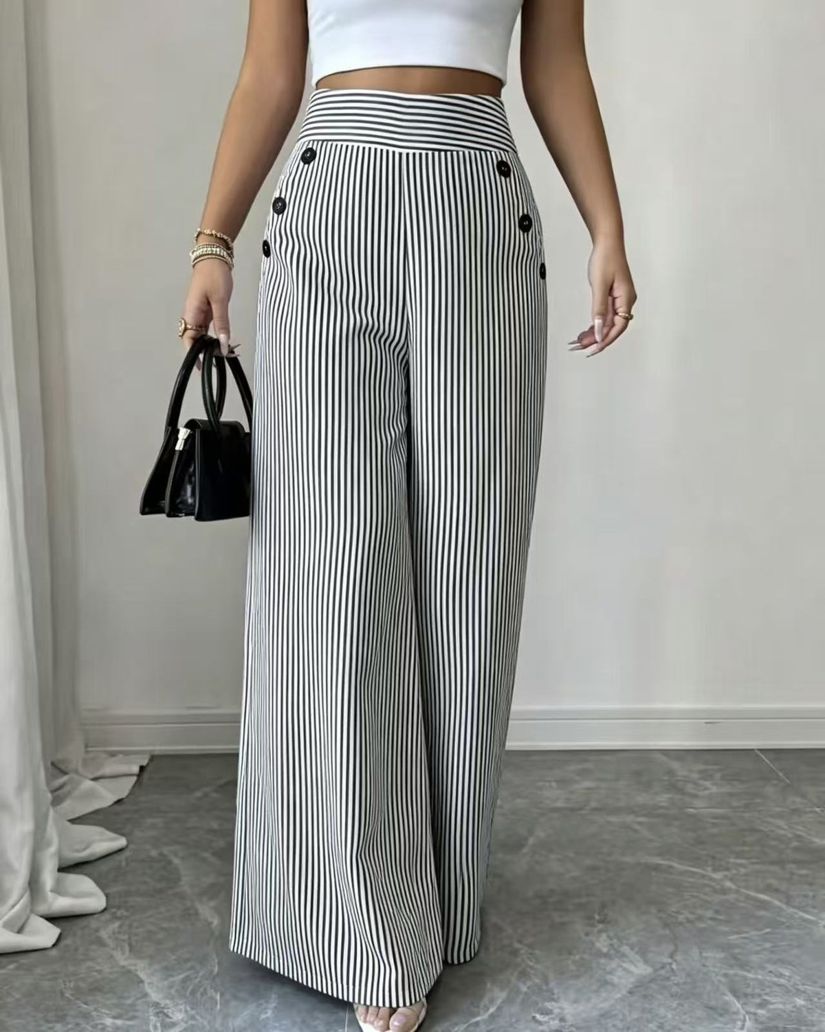 Women's Waist Wide Leg With Vertical Stripes Thin Casual Pants