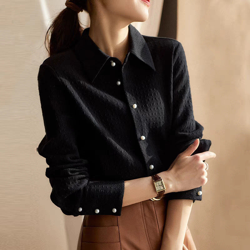 Women's Slimming Long Sleeves Black Shirt Design Sense Niche Casual Chic Blouse