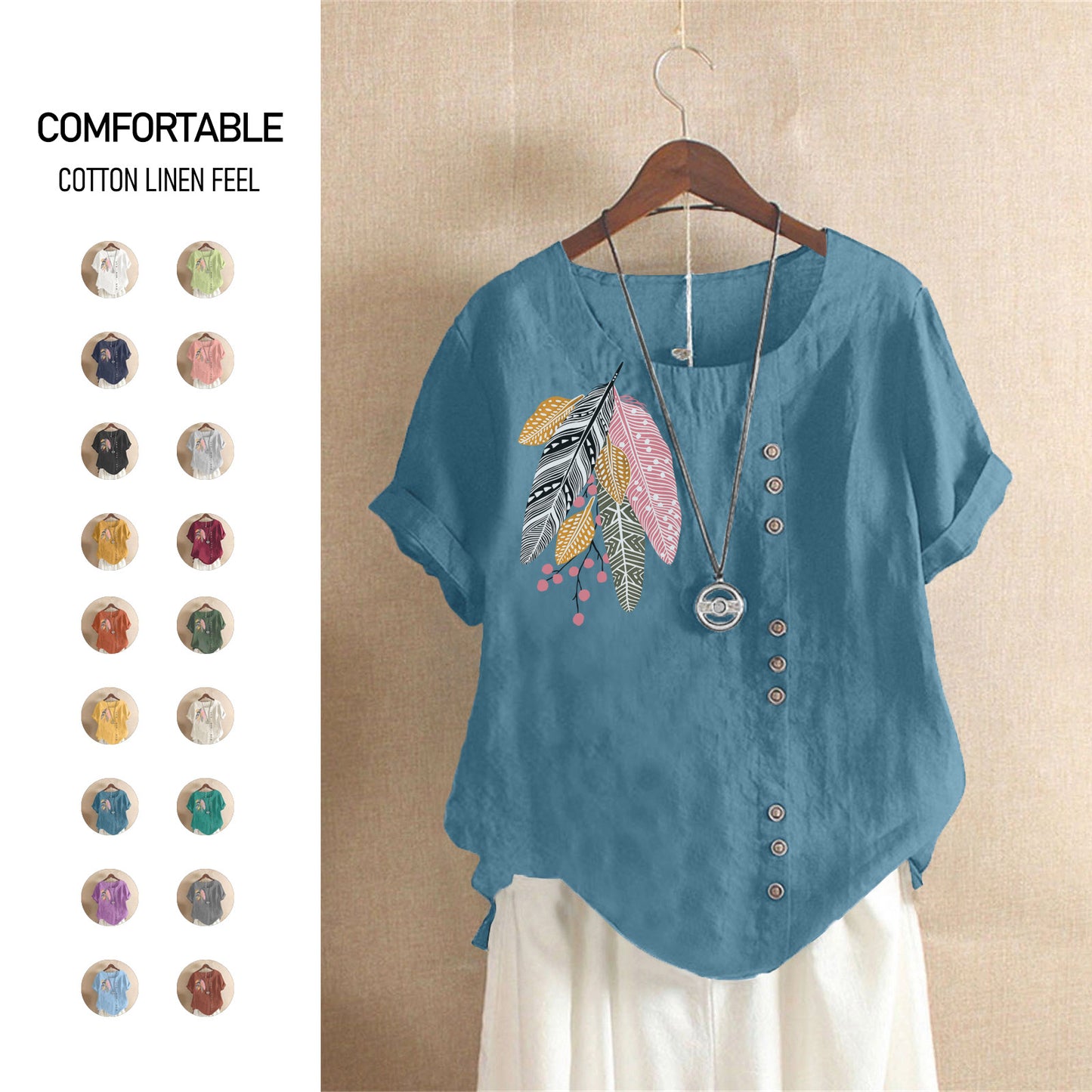 Women's Summer Retro Large Casual Loose Cotton Linen Sleeve Women's T-shirt