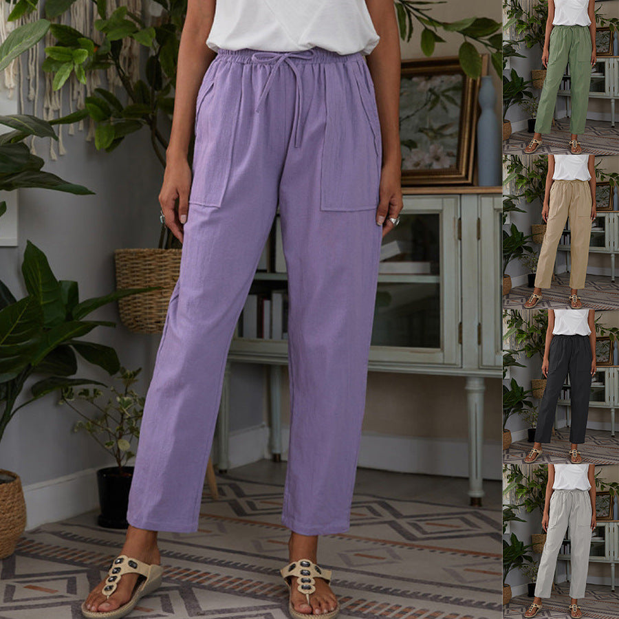 Women's Solid Color Large Pocket Elastic Waist Cotton Linen Casual Pants