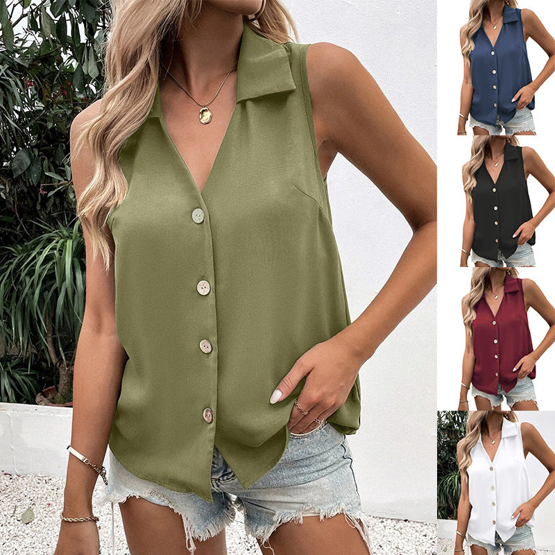 Women's Summer Solid Color Loose Sleeveless Button Lace Shirt, Chiffon Shirt