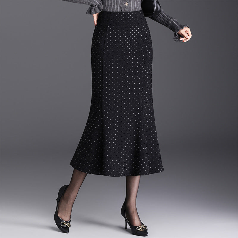 Women's Dots Fishtail High Waist Slimming Sheath Wool Skirt