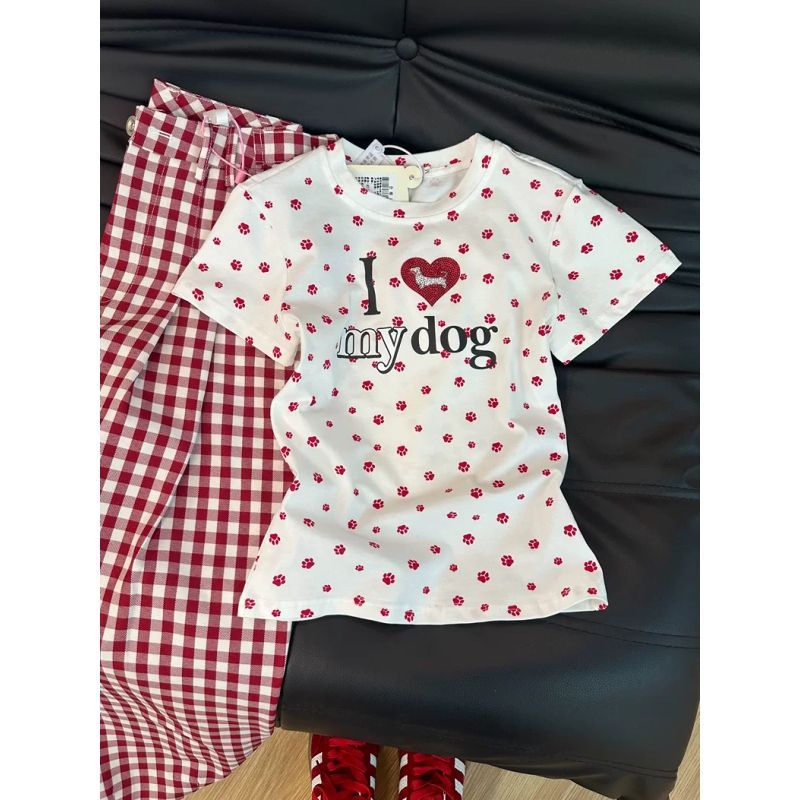 Children's Summer Love Rhinestone Dog's Paw Full Printed Short-sleeved Bottoming Shirt Children's T-shirt