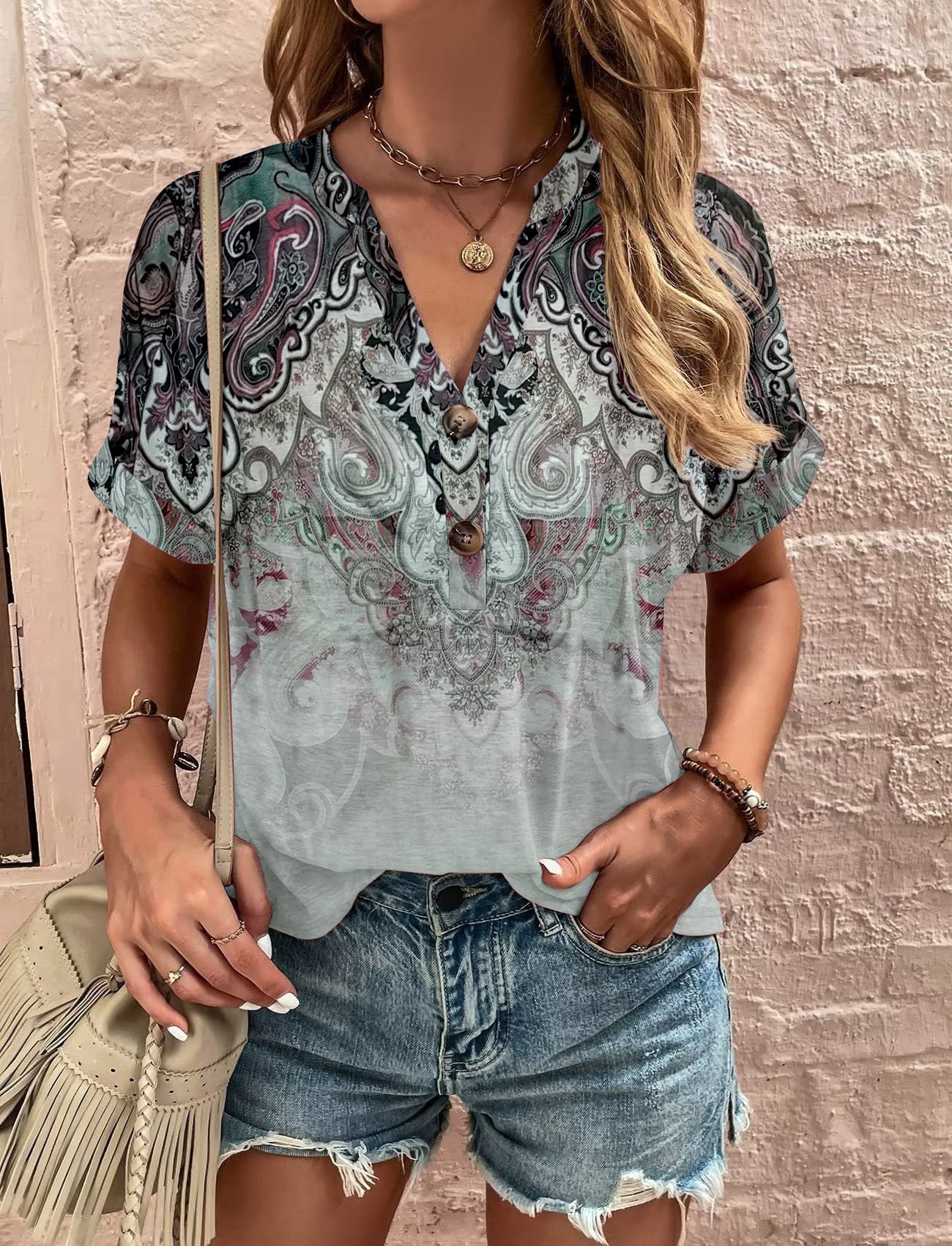 Unique Women's Printed Button Fashion Sleeve Shorts