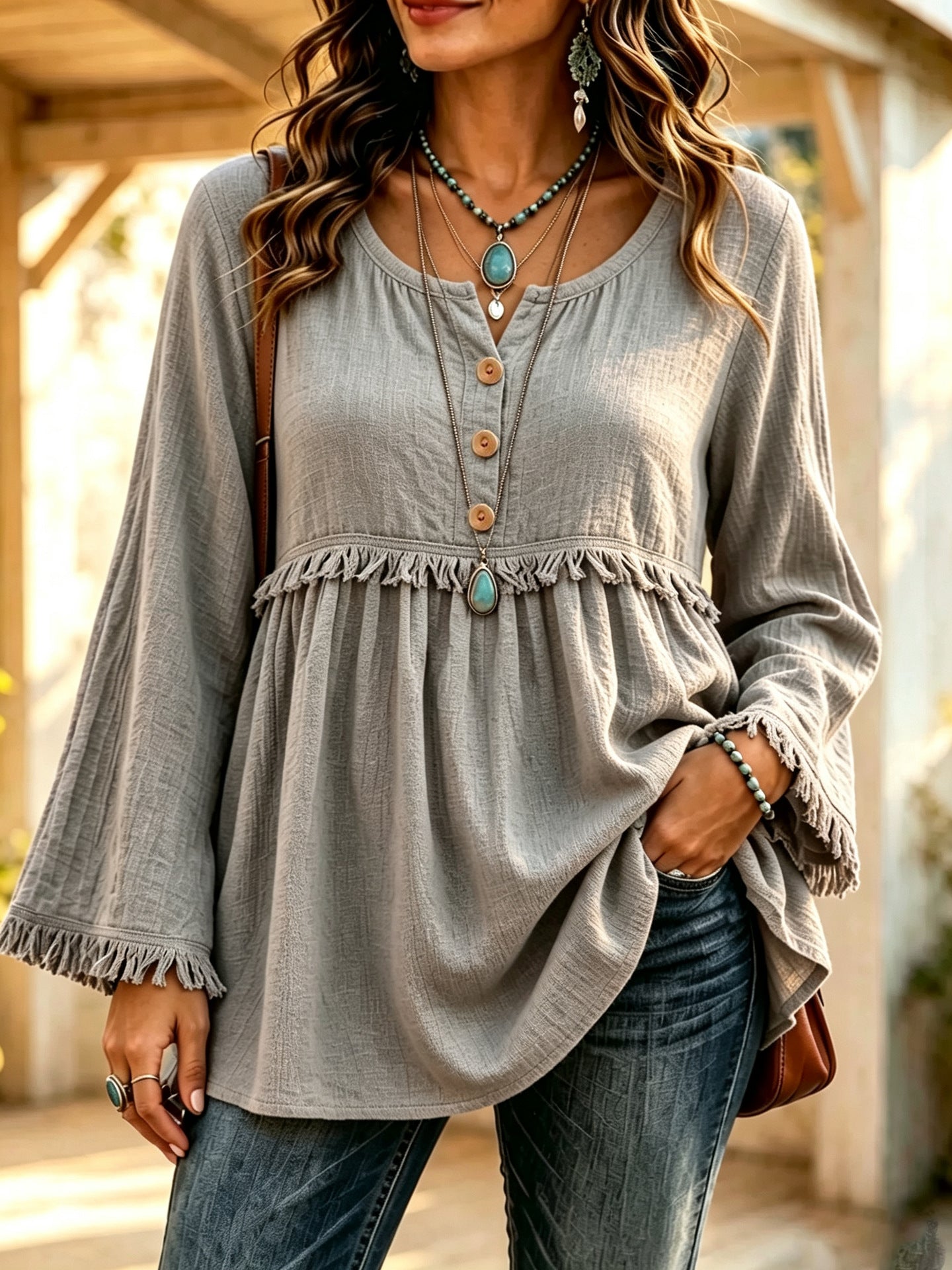 Women's Casual Loose Button Fashion Tassel Solid Color Tops