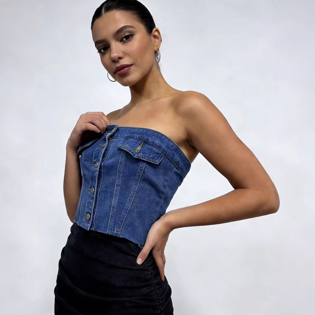 Graceful Blue Cotton Sexy Denim Tube Tops
