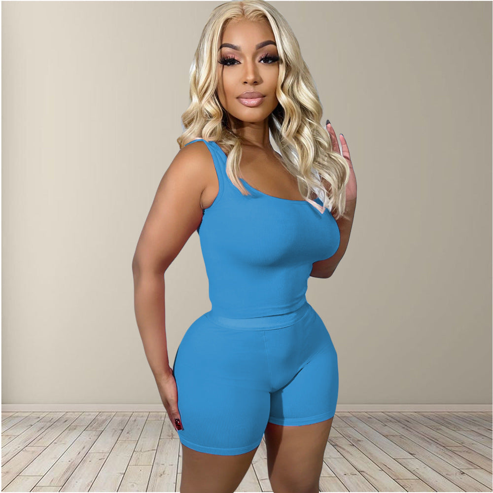Women's Solid Color Rib Fabric Sports Two-piece Fashion Casual Suit