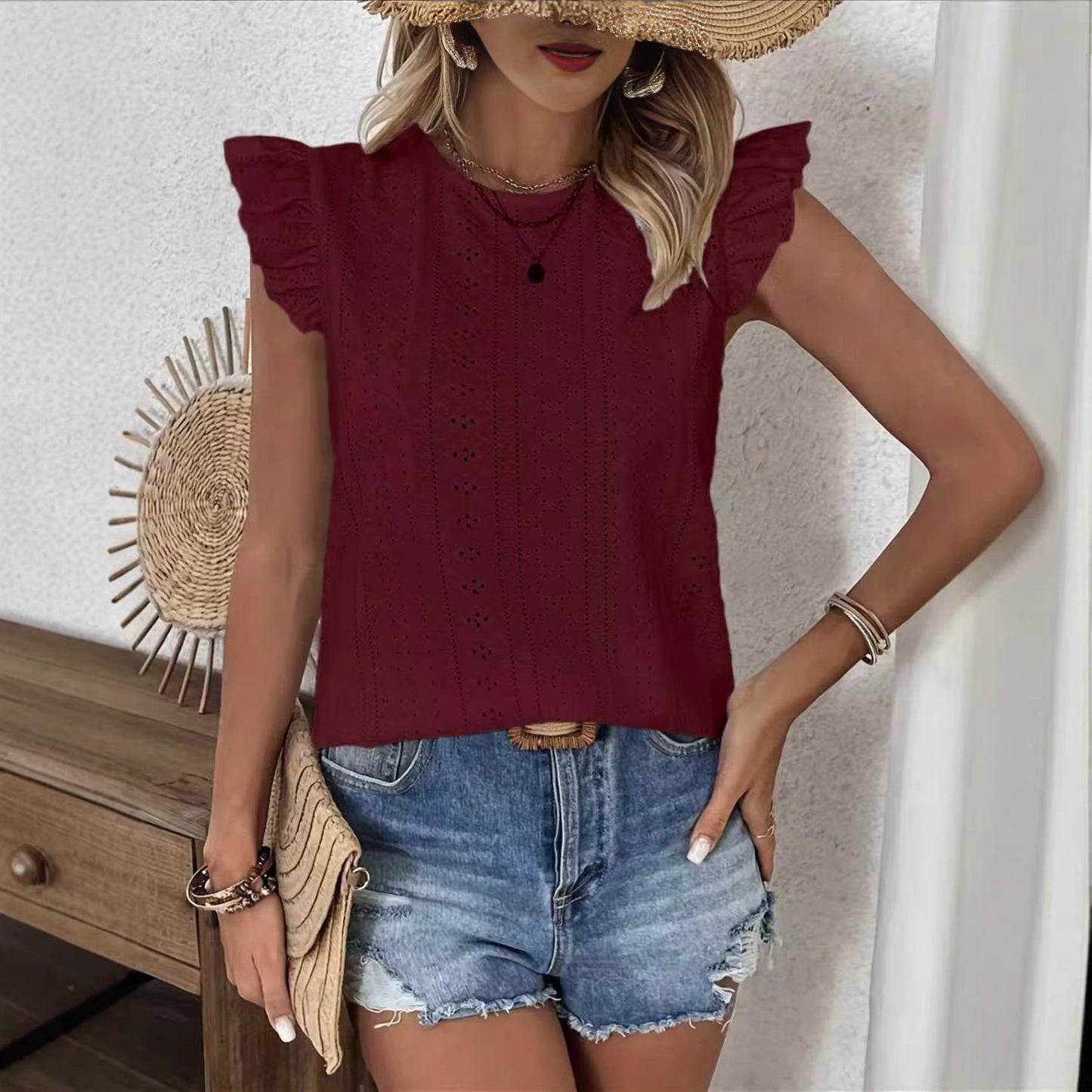 Women's Round Neck Ruffle Sleeve Slingback Solid Women's T-shirt