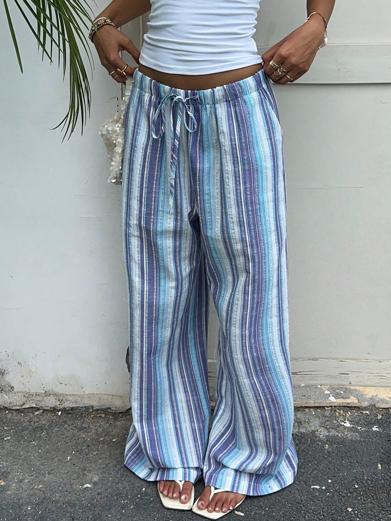 Striped Drawstring Elastic Waist Vacation Style Mop Wide Casual Pants