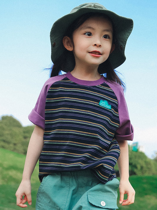 Children's Striped Short-sleeved Summer Boys Contrast Color Raglan Sleeve Cotton Children's T-shirt