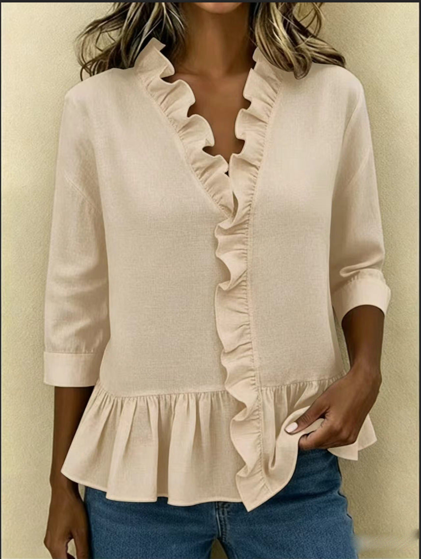 Women's Pure Color Ruffles T-shirt Casual Cropped Sleeves Blouse