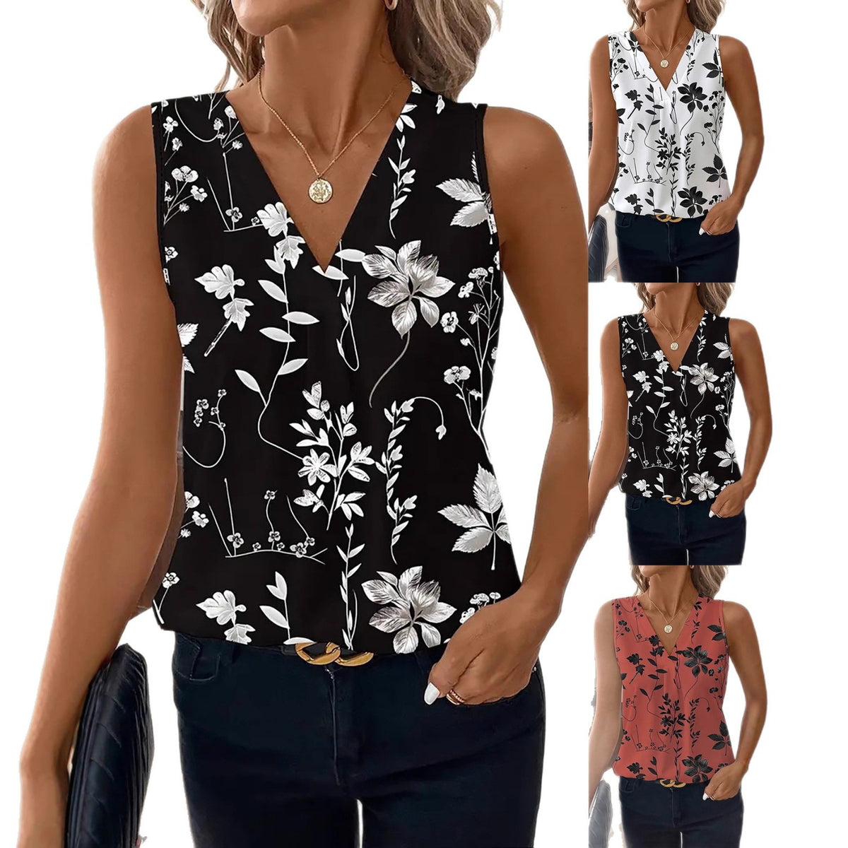 Women's Woven Fabric Pullover Floral Printed Vests