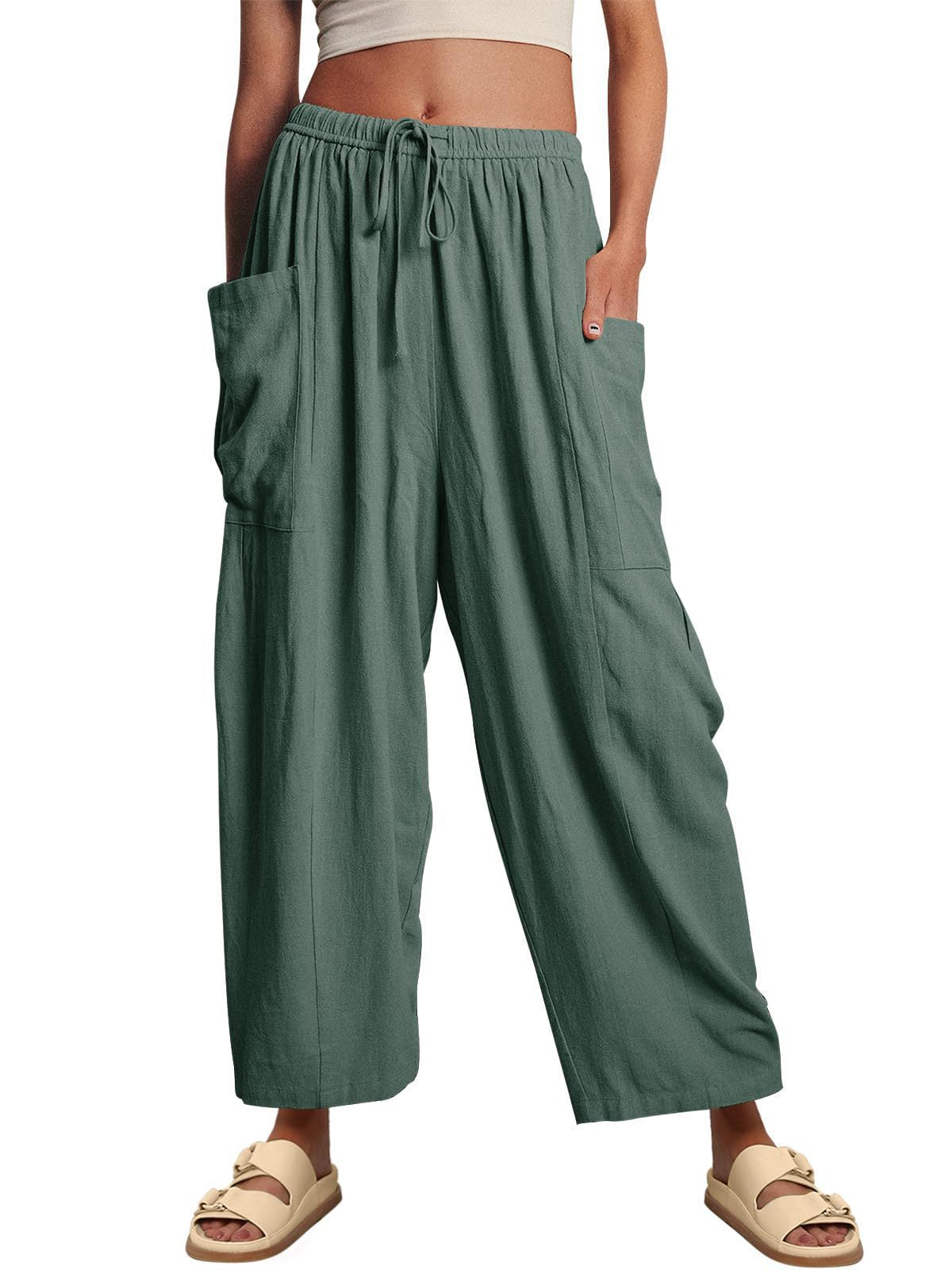 Women's Waist High Wide Leg Loose Cotton Linen Trousers Pants