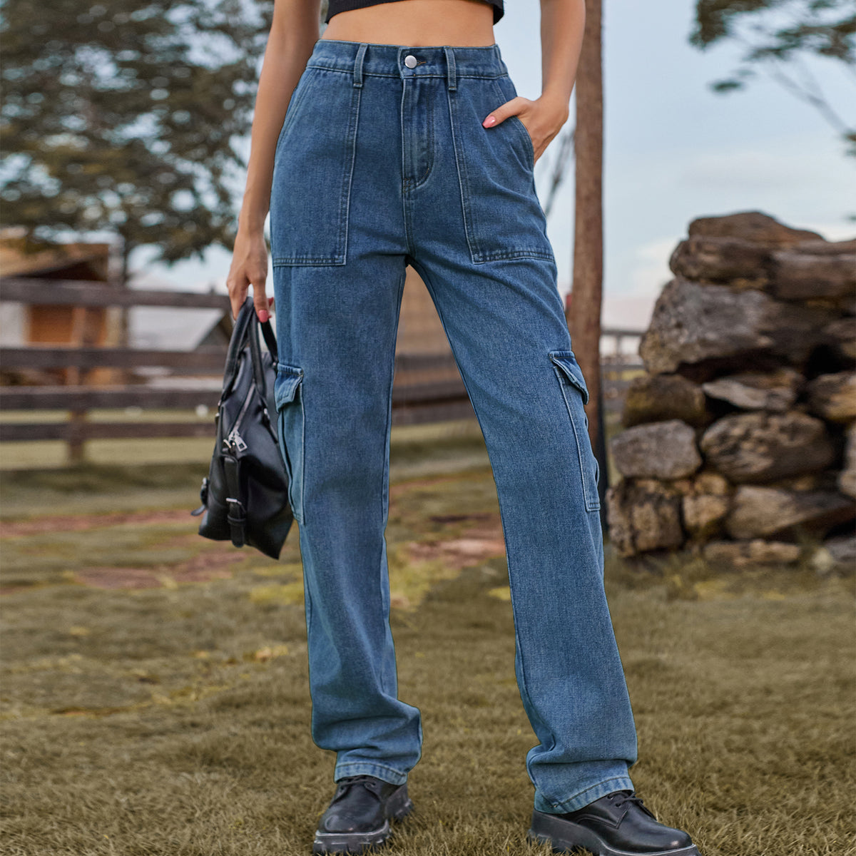Women's American Retro Washed Design Personality Denim Cargo Women's Jeans
