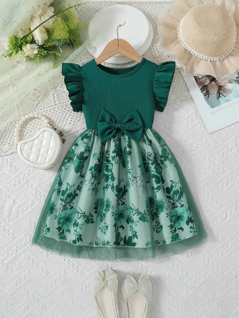 Flounced Sleeve Fake Two-piece Bow Print Stitching Children's Dress