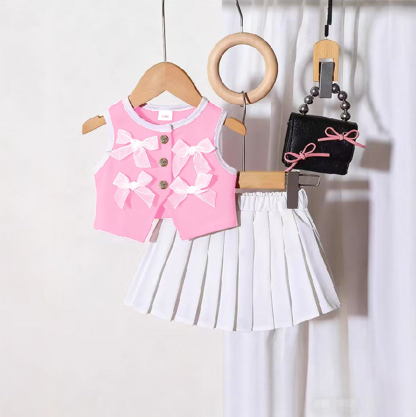 Comfortable Fashion Bow Vest Pleated Skirt Children's Suit