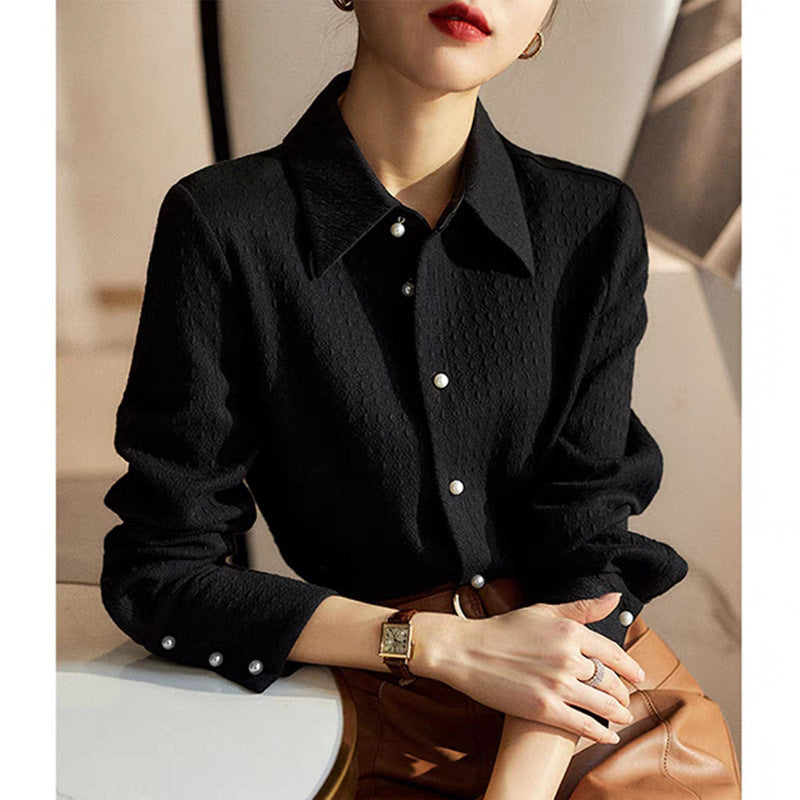 Women's Slimming Long Sleeves Black Shirt Design Sense Niche Casual Chic Blouse