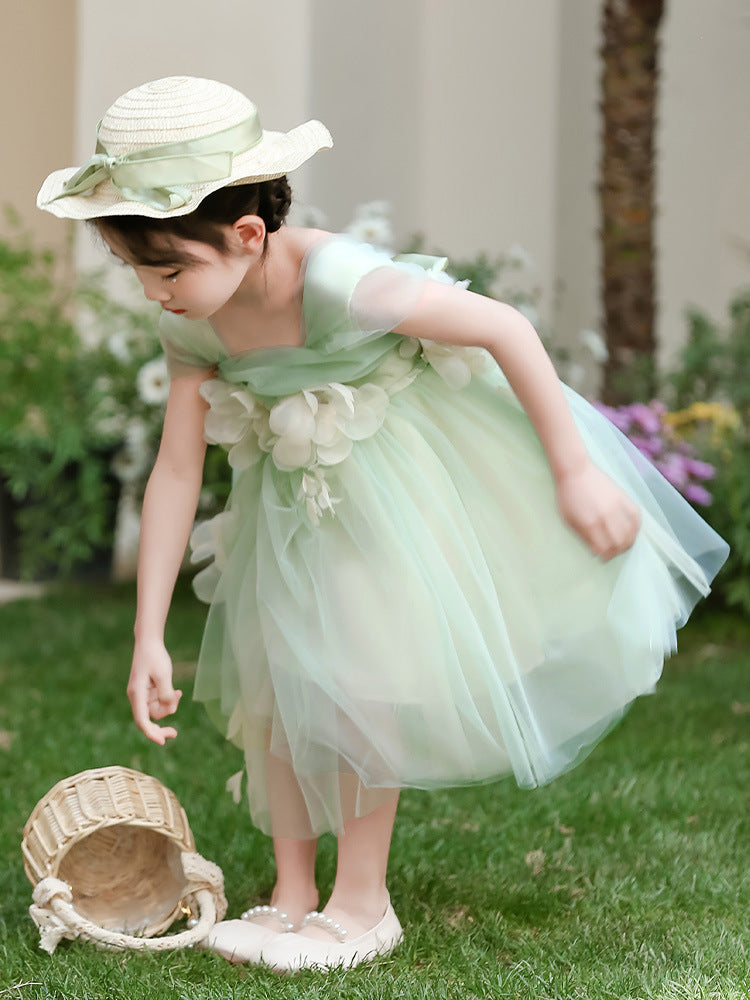 Children's Birthday Green Mesh Flower Day Performance Children's Dress