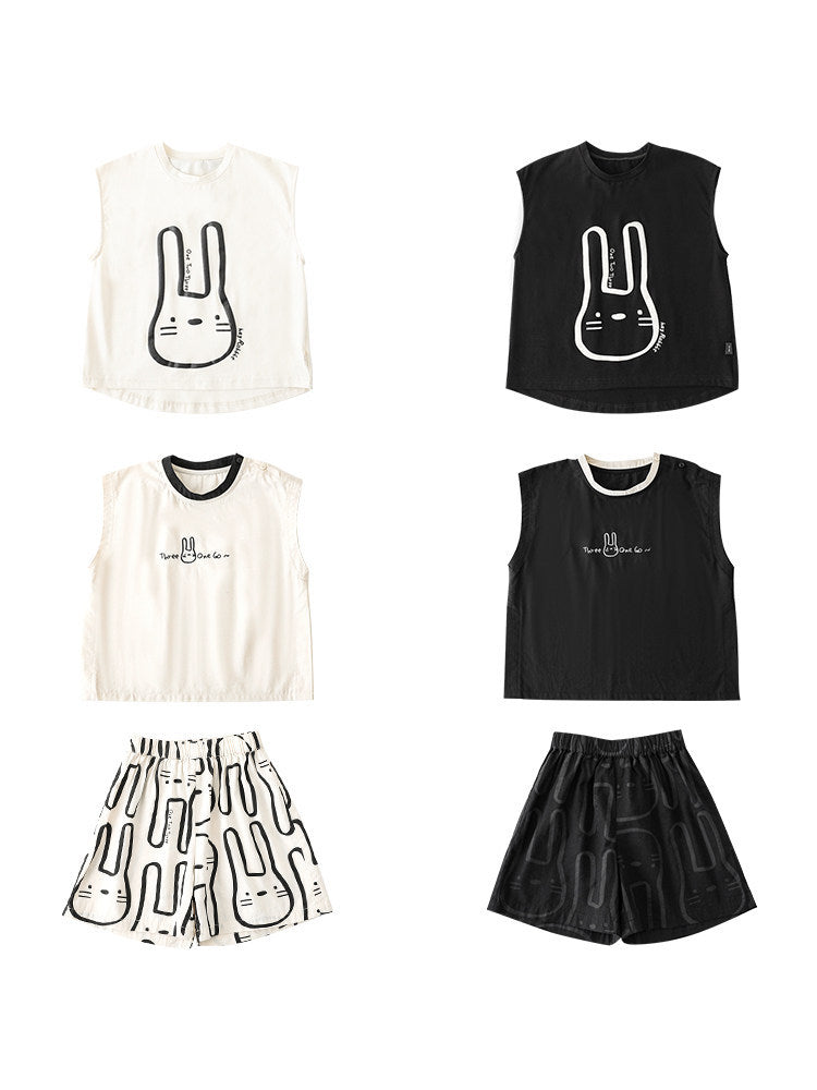 Children's Rabbit Embroidered Printed Contrast Color Round Neck Sleeveless Vest Summer Children's T-shirt