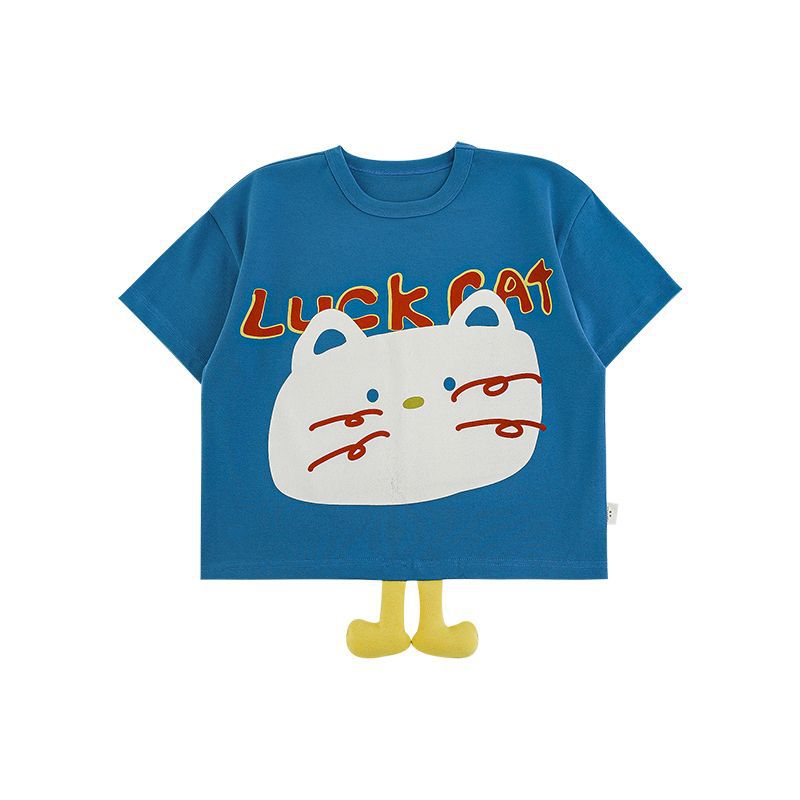 Cat Printing Short-sleeved Contrast Color Loose Shirt Cool Shorts Series Children's T-shirt