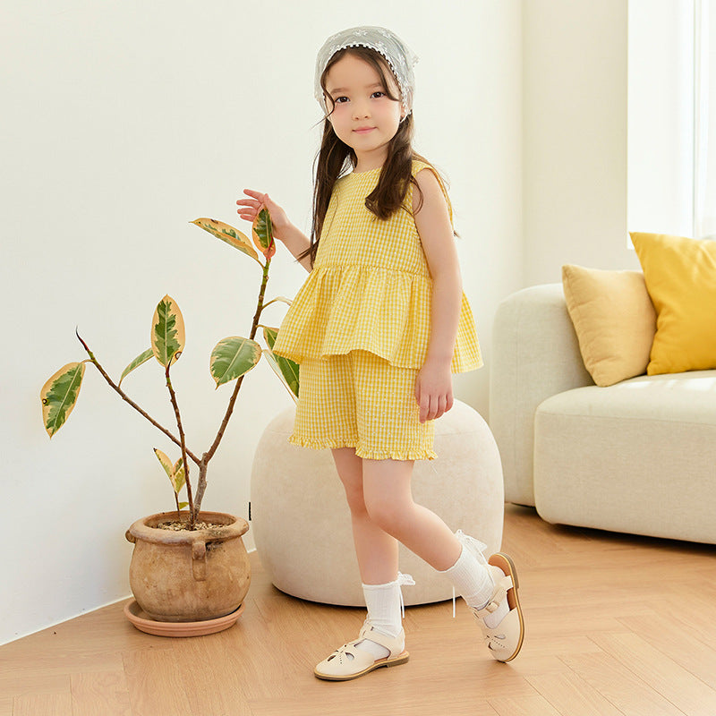 Children's Summer Korean Plaid Sleeveless Two-piece Casual Fashion Short Children's Suit