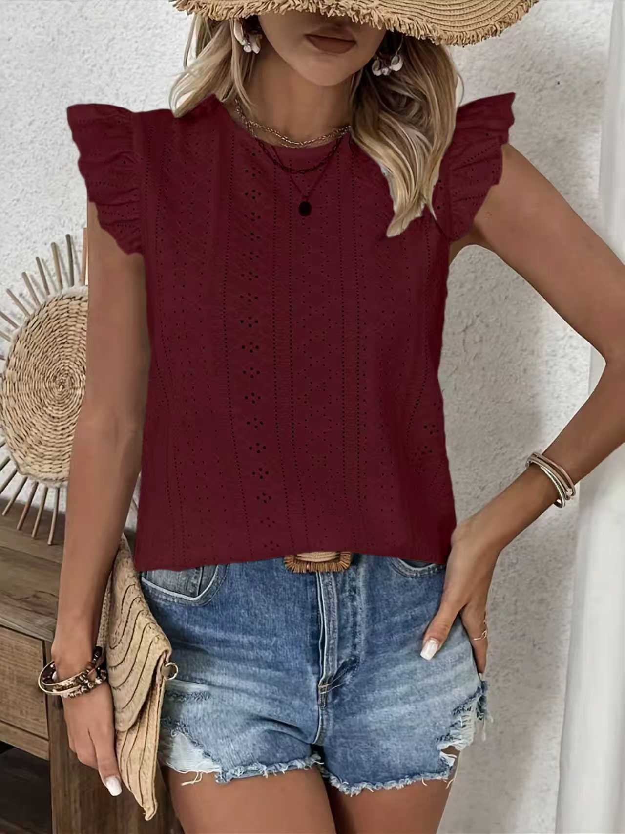 Women's Round Neck Ruffle Sleeve Slingback Solid Women's T-shirt