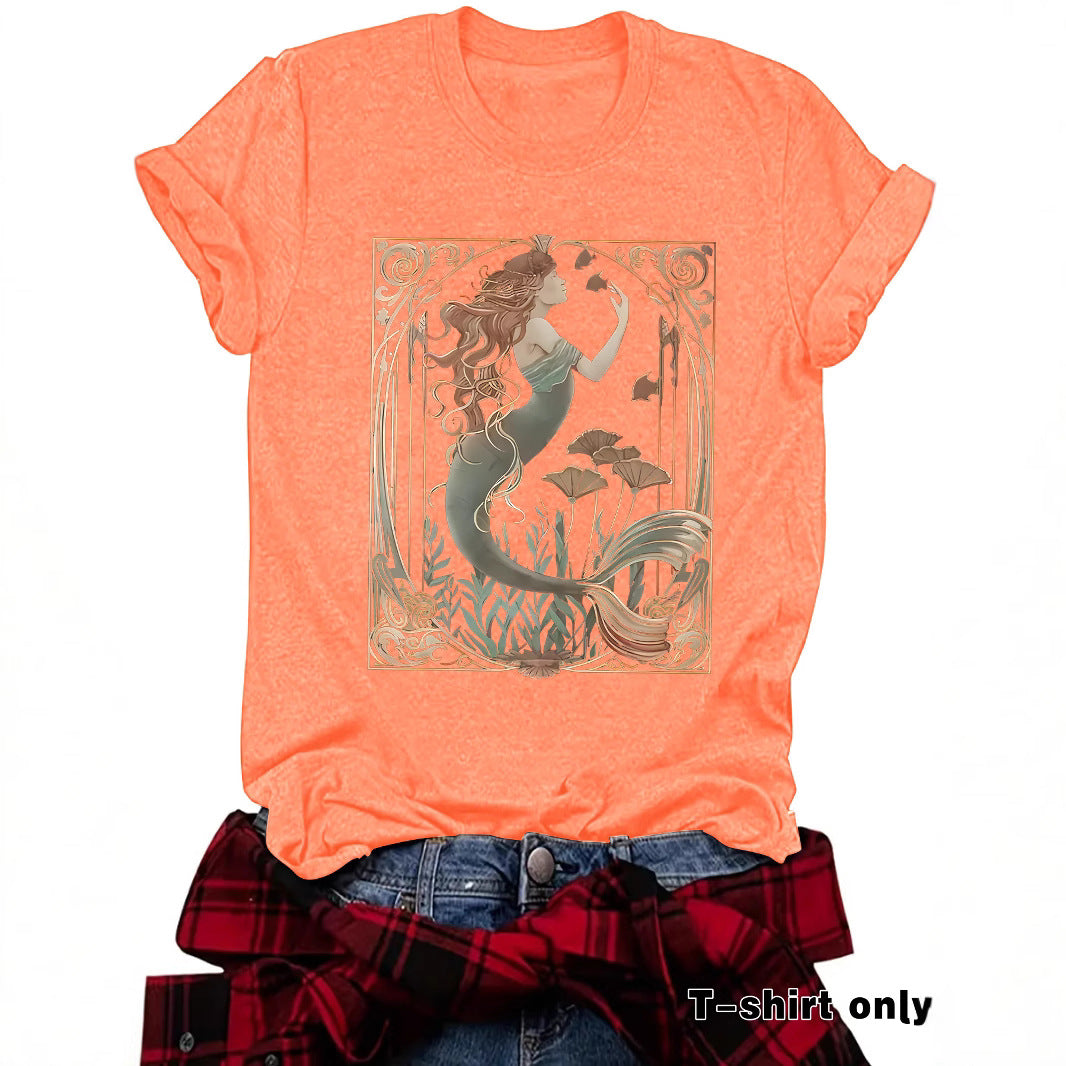 Women's Casual Feminist Mermaid Pattern Summer Round Neck Women's T-shirt