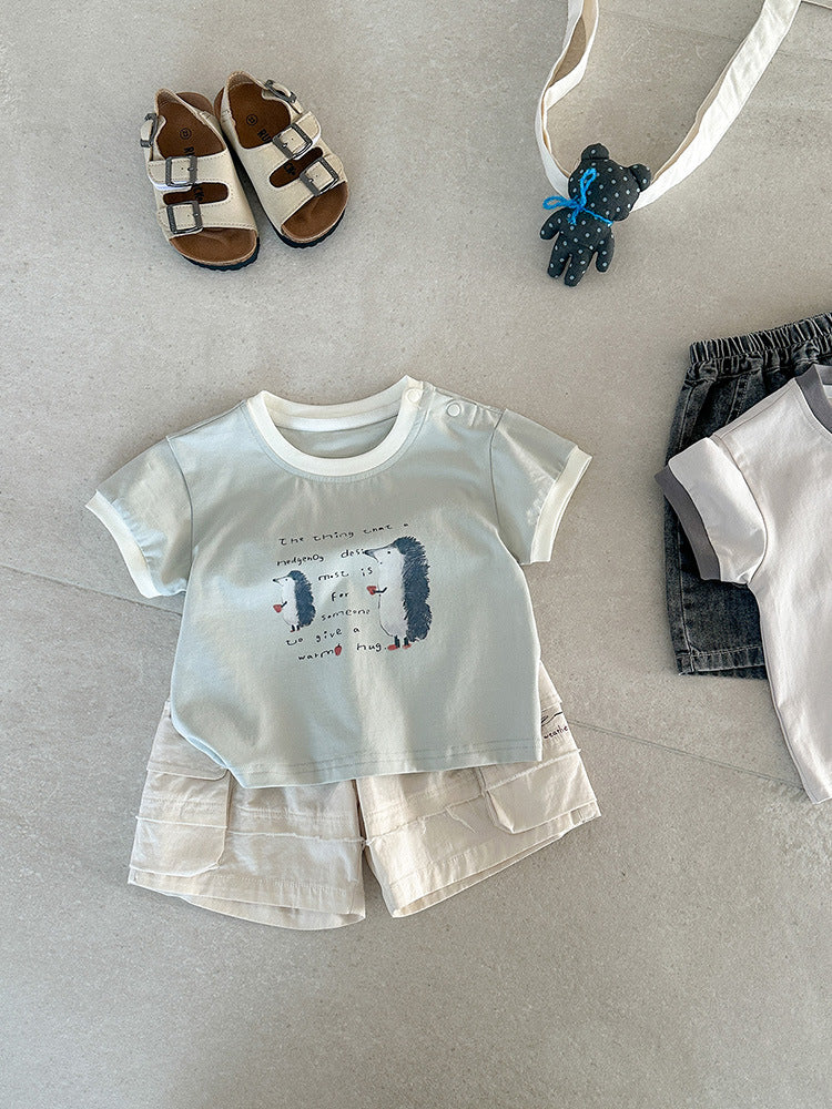 Summer Contrast Color Neckline Cartoon Print Short Sleeve Infant Versatile Children's T-shirt