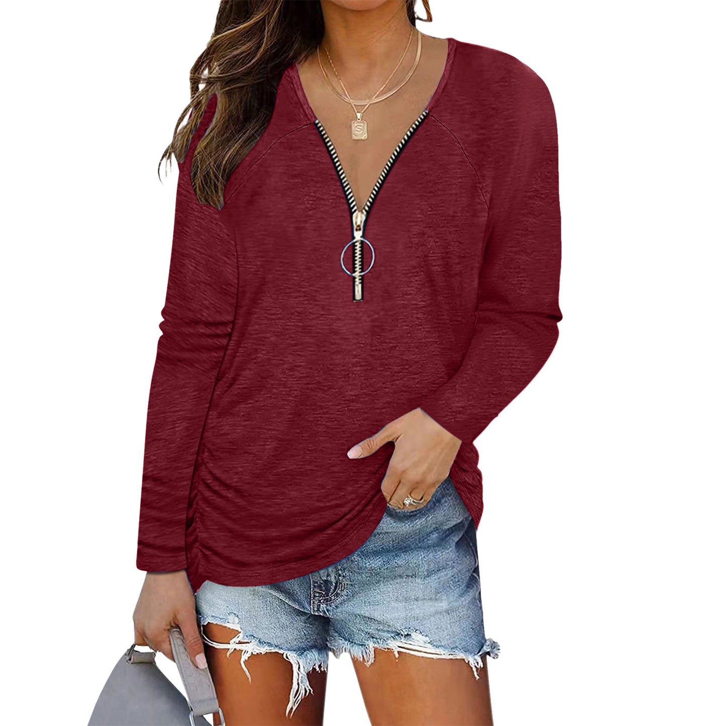 Women's Chest Zipper Pleating Casual Long Sleeve Clothing